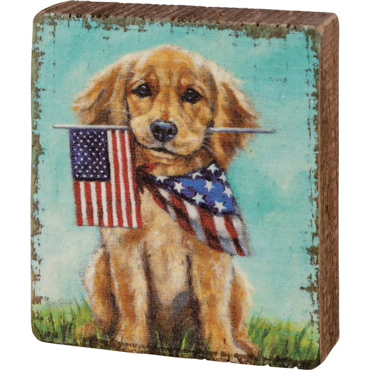 Primitives By Kathy Block Sign Puppy Holding the American Flag